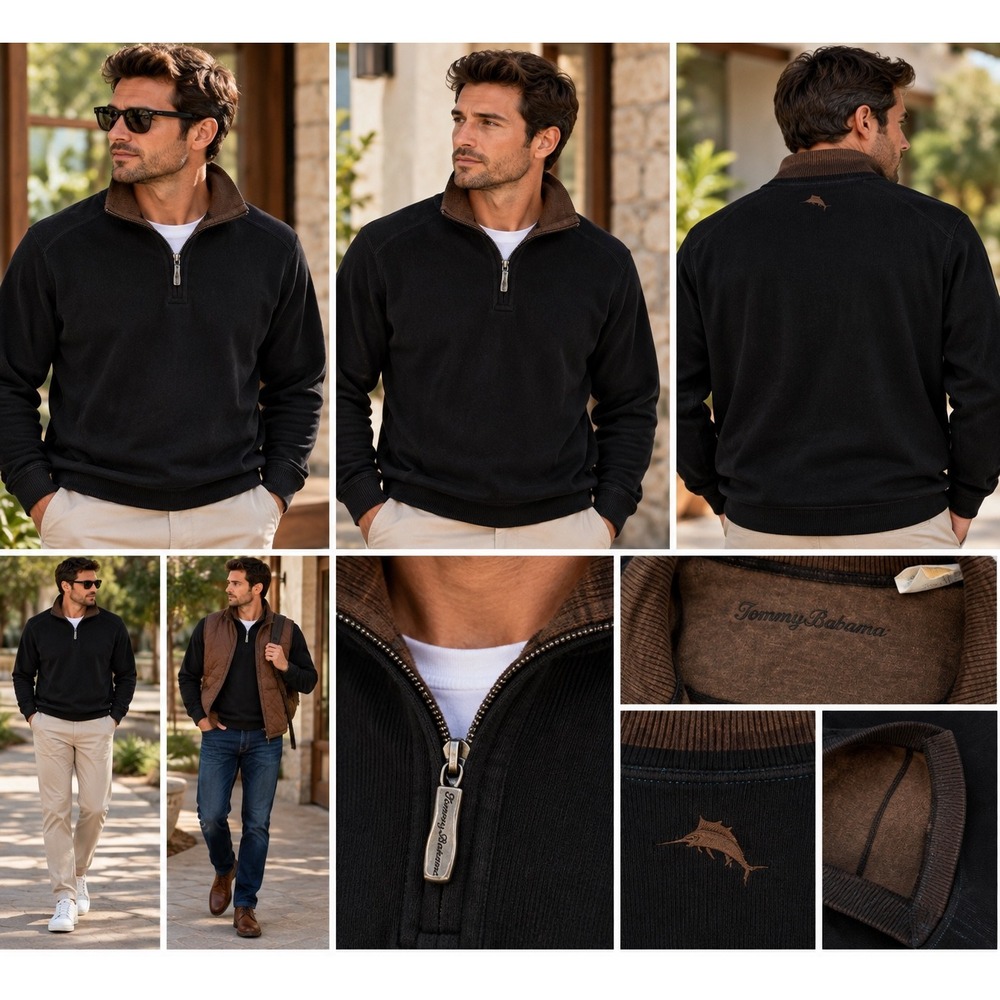 Tommy Bahama Flipside Reversible Quarter Zip Pullover Sweatshirt Black Brown XXL